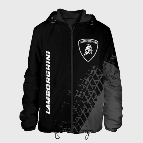 Мужская куртка 3D с принтом Lamborghini speed на темном фоне со следами шин вертикально, вид спереди #2