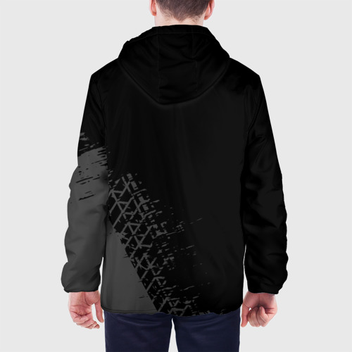 Мужская куртка 3D с принтом Lamborghini speed на темном фоне со следами шин вертикально, вид сзади #2