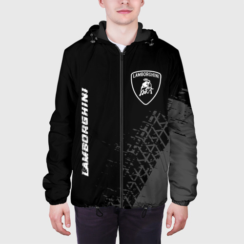Мужская куртка 3D с принтом Lamborghini speed на темном фоне со следами шин вертикально, вид сбоку #3