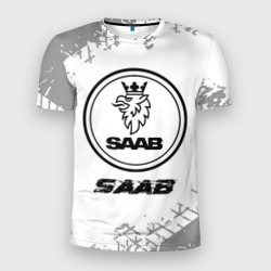 Мужская футболка 3D Slim Saab speed на светлом фоне со следами шин