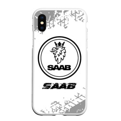 Чехол для iPhone XS Max матовый Saab speed на светлом фоне со следами шин