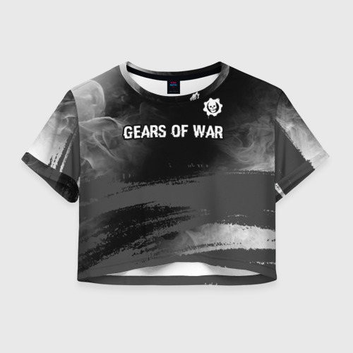 Женская футболка Crop-top 3D Gears of War glitch на темном фоне посередине, цвет 3D печать