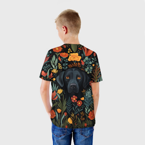 Детская футболка 3D с принтом Лабрадор черный в стиле фолк-арт, вид сзади #2