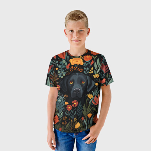 Детская футболка 3D с принтом Лабрадор черный в стиле фолк-арт, фото на моделе #1