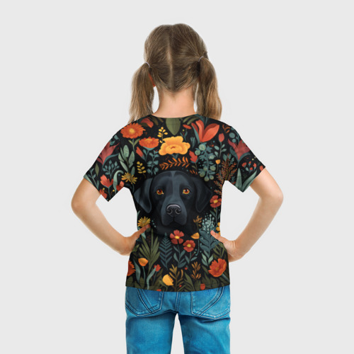 Детская футболка 3D с принтом Лабрадор черный в стиле фолк-арт, вид сзади #2