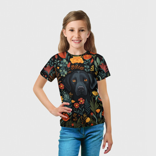 Детская футболка 3D с принтом Лабрадор черный в стиле фолк-арт, вид сбоку #3