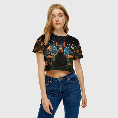 Женская футболка Crop-top 3D Пинчер в стиле фолк-арт, цвет 3D печать - фото 4