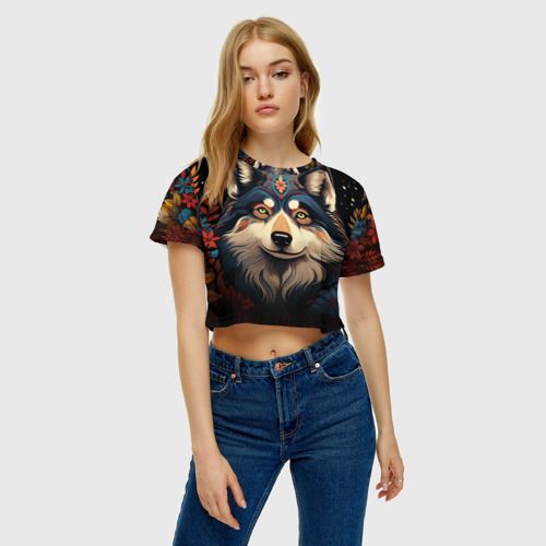 Женская футболка Crop-top 3D Маламут в стиле фолк-арт, цвет 3D печать - фото 3