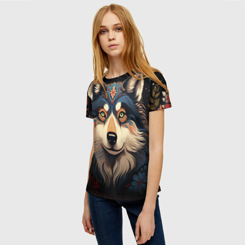 Женская футболка 3D с принтом Маламут в стиле фолк-арт, фото на моделе #1