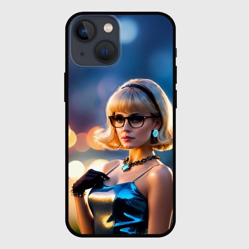 Чехол для iPhone 13 mini с принтом Девушка блондинка в блестящем платье в очках, вид спереди #2