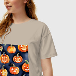Женская футболка хлопок Oversize Хэллоуинские тыквы акварель - фото 2