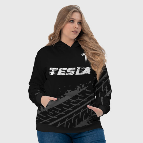 Женская толстовка 3D Tesla speed на темном фоне со следами шин посередине, цвет 3D печать - фото 6