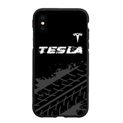 Чехол для iPhone XS Max матовый Tesla speed на темном фоне со следами шин посередине
