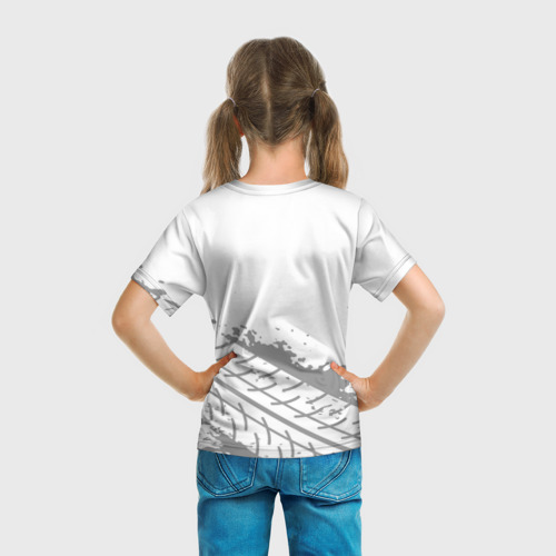 Детская футболка 3D с принтом Fiat speed на светлом фоне со следами шин посередине, вид сзади #2
