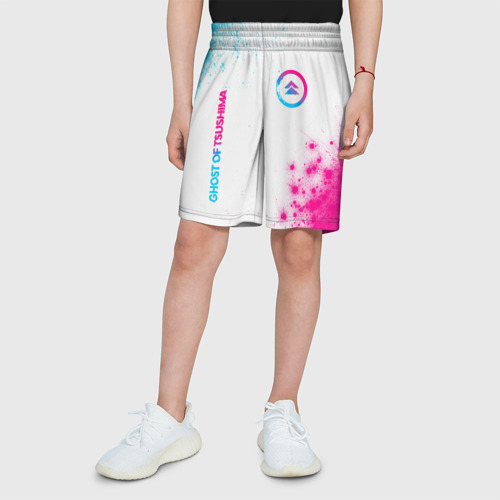 Детские спортивные шорты 3D с принтом Ghost of Tsushima neon gradient style вертикально, вид сбоку #3