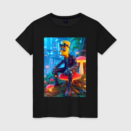 Женская футболка хлопок Bart Simpson among mushrooms - ai art, цвет черный