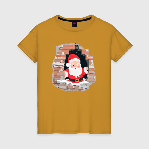 Женская футболка хлопок с принтом Дедушка мороз из стены, вид спереди #2