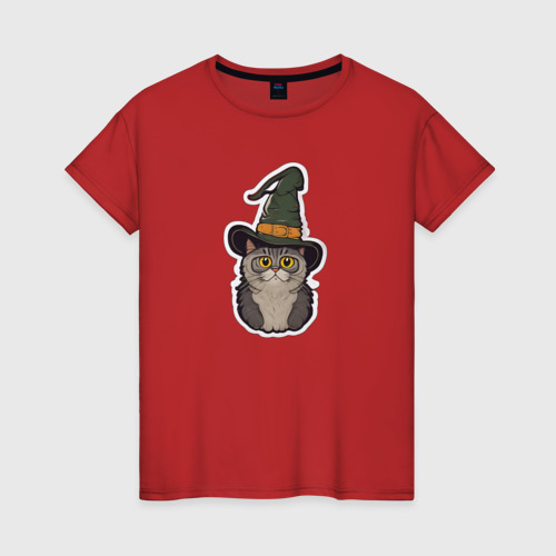 Женская футболка хлопок с принтом Испуганный котик в шляпе, вид спереди #2