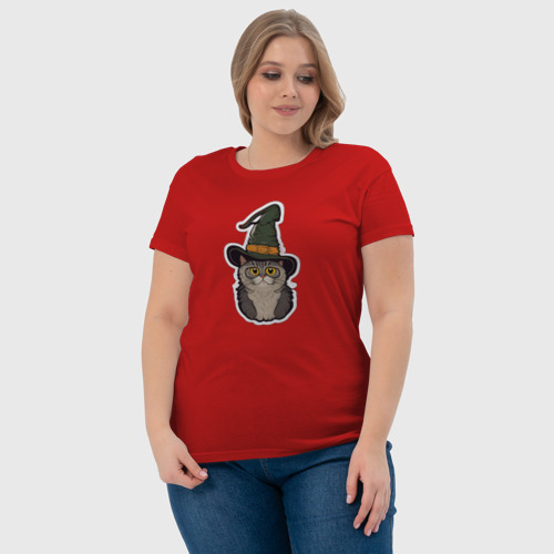 Женская футболка хлопок с принтом Испуганный котик в шляпе, фото #4