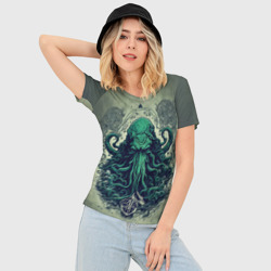 Женская футболка 3D Slim Ктулху в зелёном цвете  - фото 2