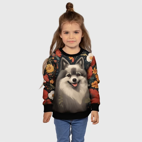 Детский свитшот 3D с принтом Шпиц в стиле фолк-арт, фото #4