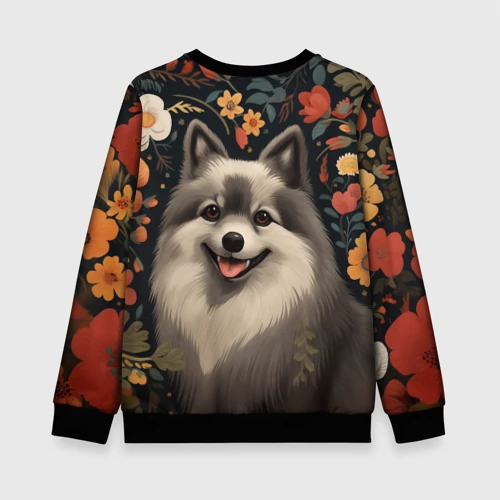 Детский свитшот 3D с принтом Шпиц в стиле фолк-арт, вид сзади #1