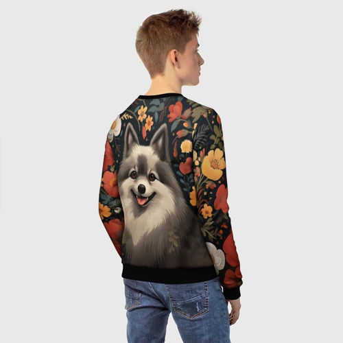 Детский свитшот 3D с принтом Шпиц в стиле фолк-арт, вид сзади #2