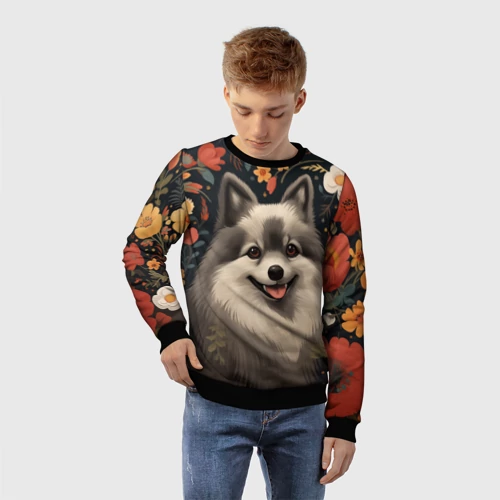 Детский свитшот 3D с принтом Шпиц в стиле фолк-арт, фото на моделе #1