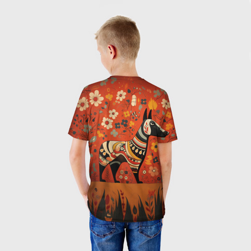 Детская футболка 3D с принтом Бультерьер в фолк-арт стиле, вид сзади #2