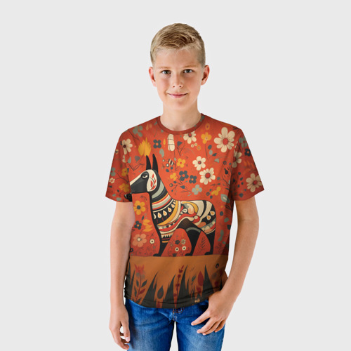 Детская футболка 3D с принтом Бультерьер в фолк-арт стиле, фото на моделе #1