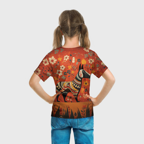 Детская футболка 3D с принтом Бультерьер в фолк-арт стиле, вид сзади #2