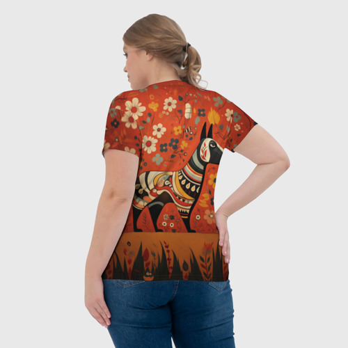 Женская футболка 3D с принтом Бультерьер в фолк-арт стиле, вид сзади #2