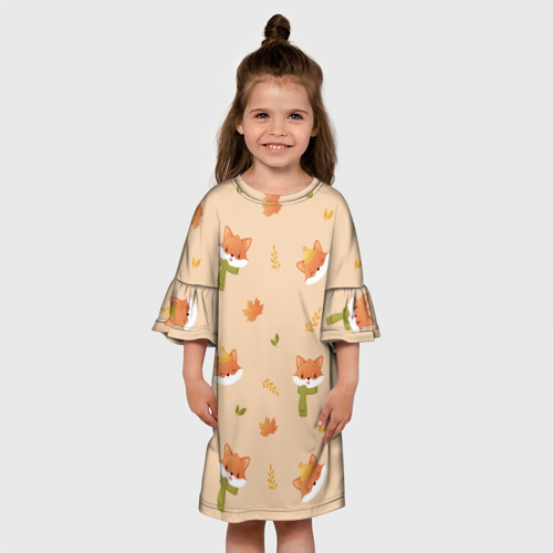 Детское платье 3D с принтом Лисички с листьями, вид сбоку #3