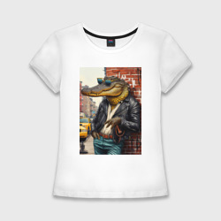 Женская футболка хлопок Slim Крутой крокодил в Нью-Йорке - нейросеть