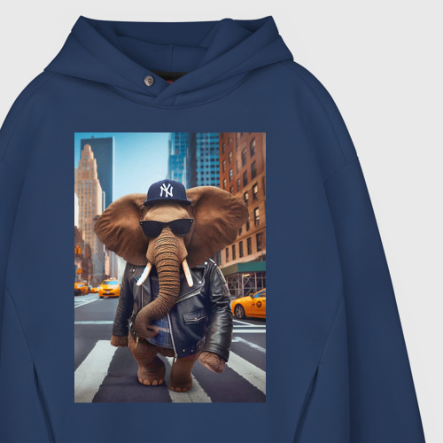 Мужское худи Oversize хлопок Funny elephant - a New Yorker - ai art, цвет темно-синий - фото 4