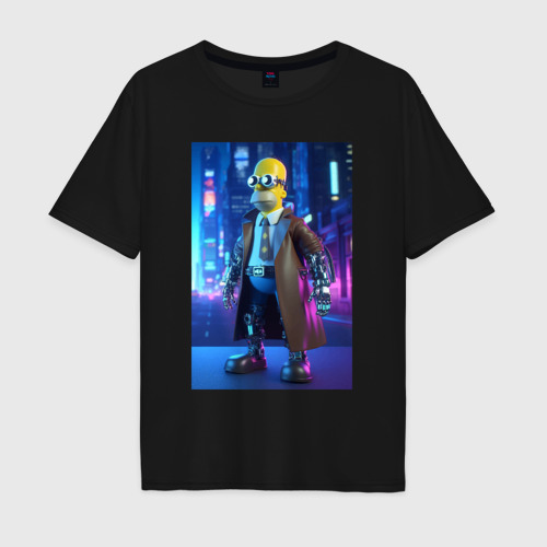 Мужская футболка хлопок Oversize Homer Simpson cyber detective ai art, цвет черный