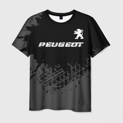 Мужская футболка 3D Peugeot speed на темном фоне со следами шин посередине