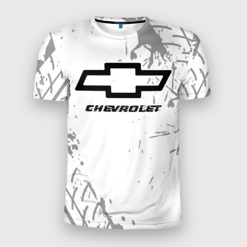 Мужская футболка 3D Slim с принтом Chevrolet speed на светлом фоне со следами шин, вид спереди #2