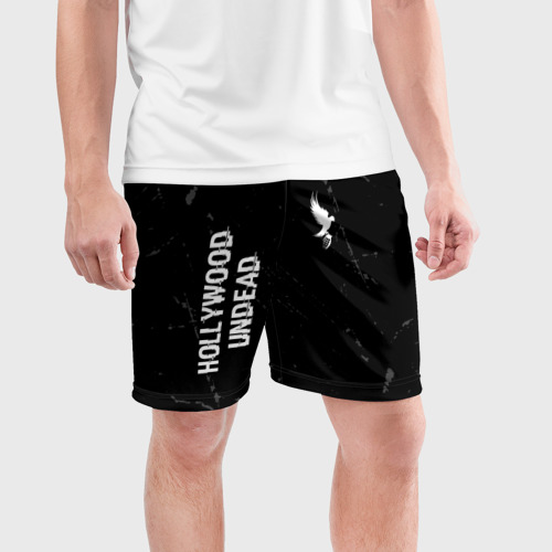 Мужские шорты спортивные с принтом Hollywood Undead glitch на темном фоне вертикально, фото на моделе #1