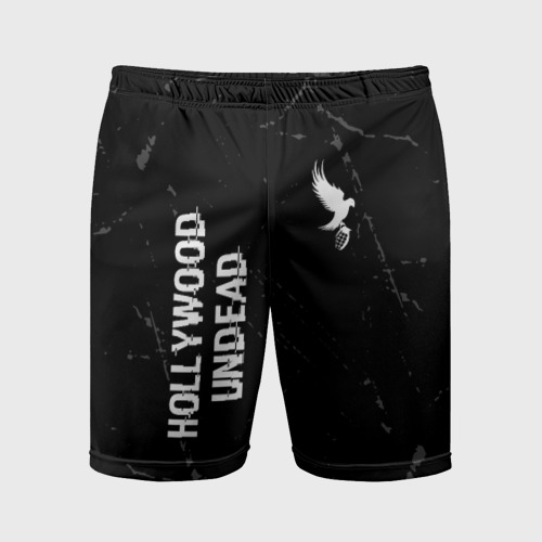 Мужские шорты спортивные с принтом Hollywood Undead glitch на темном фоне вертикально, вид спереди #2