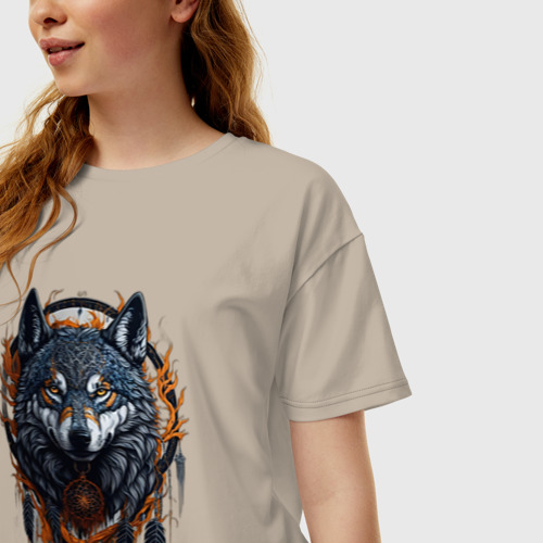 Женская футболка хлопок Oversize Волк и ловец снов, цвет миндальный - фото 3