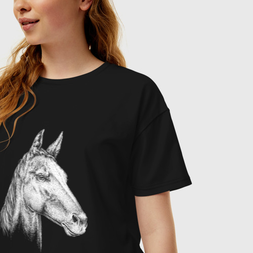 Женская футболка хлопок Oversize Голова белой лошади, цвет черный - фото 3