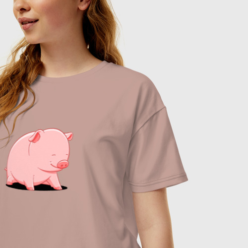 Женская футболка хлопок Oversize Мультяшная свинка сидит, цвет пыльно-розовый - фото 3