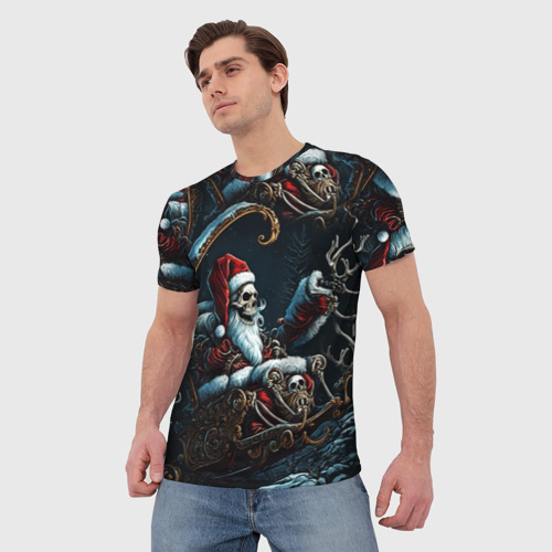 Мужская футболка 3D Новогодний патерн со скелетом Санты, цвет 3D печать - фото 3