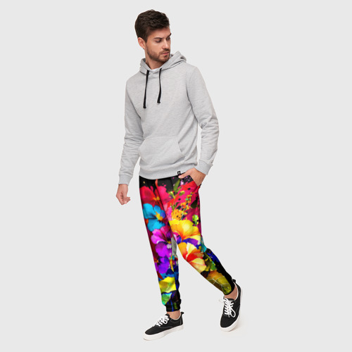 Мужские брюки 3D с принтом Яркая цветочная живопись, фото на моделе #1