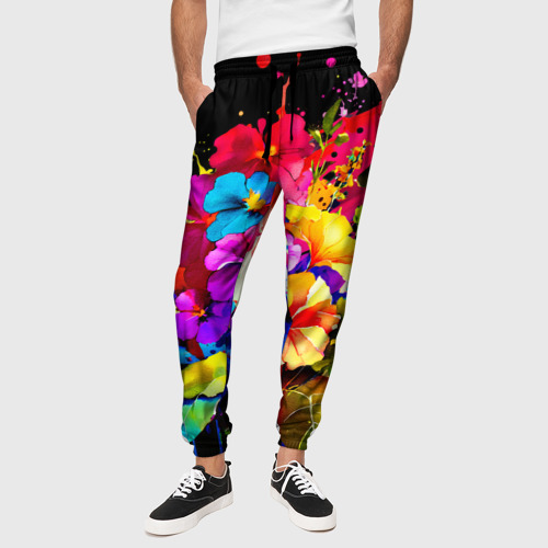 Мужские брюки 3D с принтом Яркая цветочная живопись, вид сбоку #3
