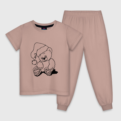 Детская пижама хлопок с принтом Мишка игрушечный в колпаке деда Мороза - раскраска, вид спереди #2