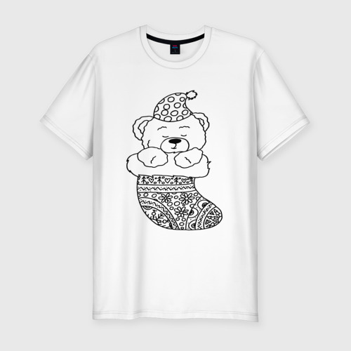 Мужская футболка хлопок Slim Игрушечный мишка спит в сапожке для подарков - раскраска, цвет белый
