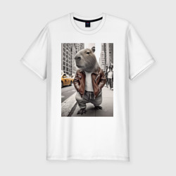 Мужская футболка хлопок Slim Trendy capybara on the streets of New York