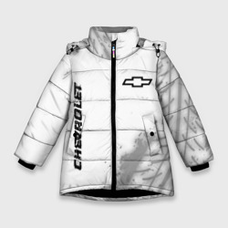 Зимняя куртка для девочек 3D Chevrolet speed на светлом фоне со следами шин вертикально